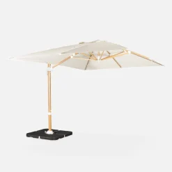 Guarda-sol retangular excêntrico com mastro efeito madeira, 3x4m + placas de peso 50x50cm
