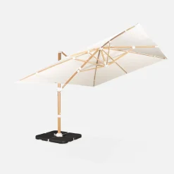 Guarda-sol retangular excêntrico com mastro efeito madeira, 3x4m + placas de peso 50x50cm