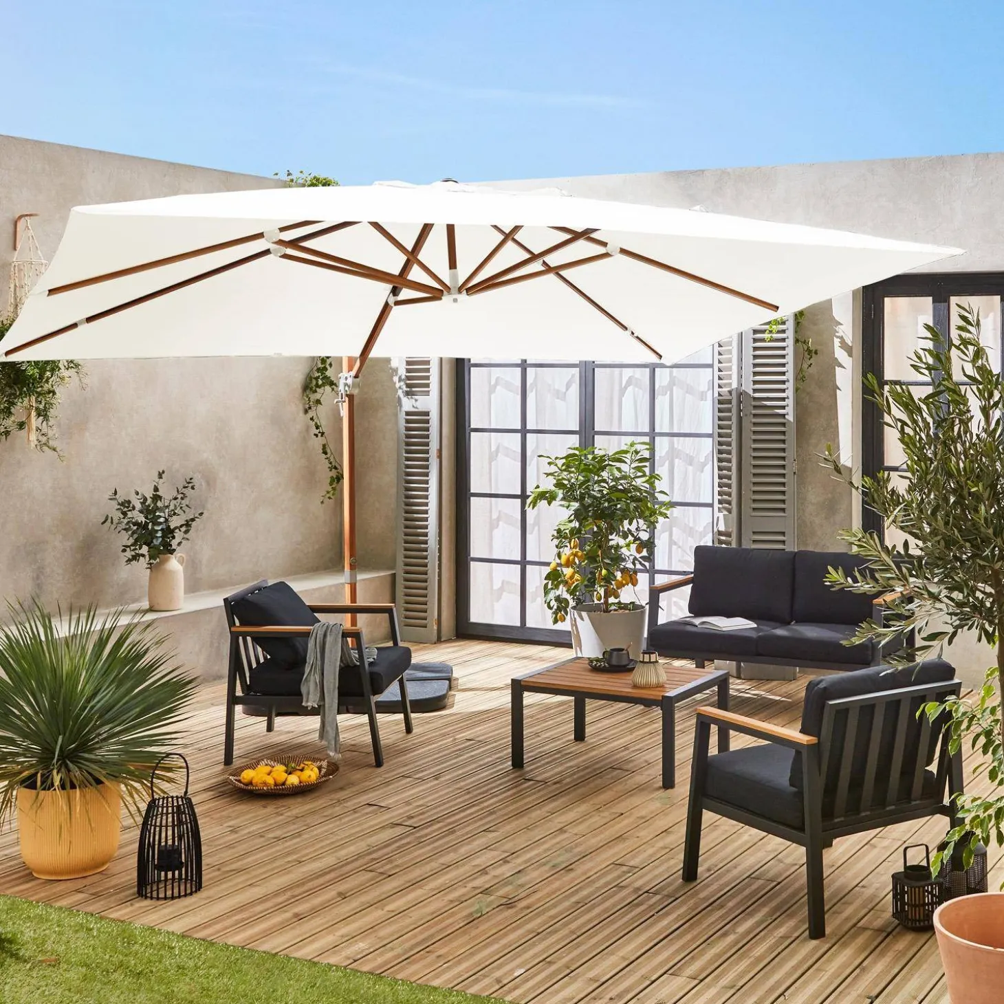 Guarda-sol retangular excêntrico com mastro efeito madeira, 3x4m + placas de peso 50x50cm