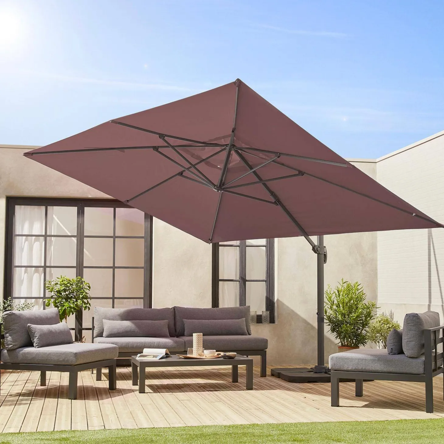 Guarda-sol retangular excêntrico, 3x4m + base com peso 50x50cm