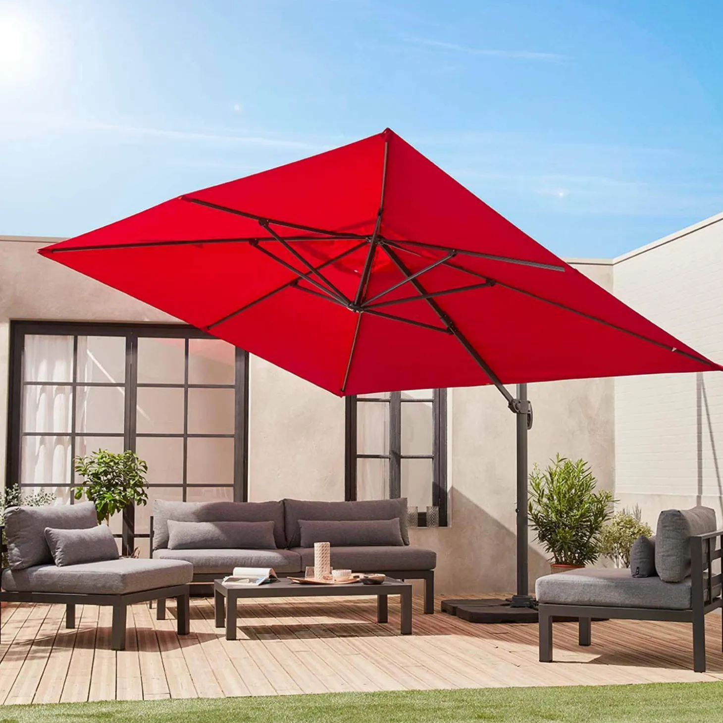 Guarda-sol retangular excêntrico, 3x4m + base com peso 50x50cm