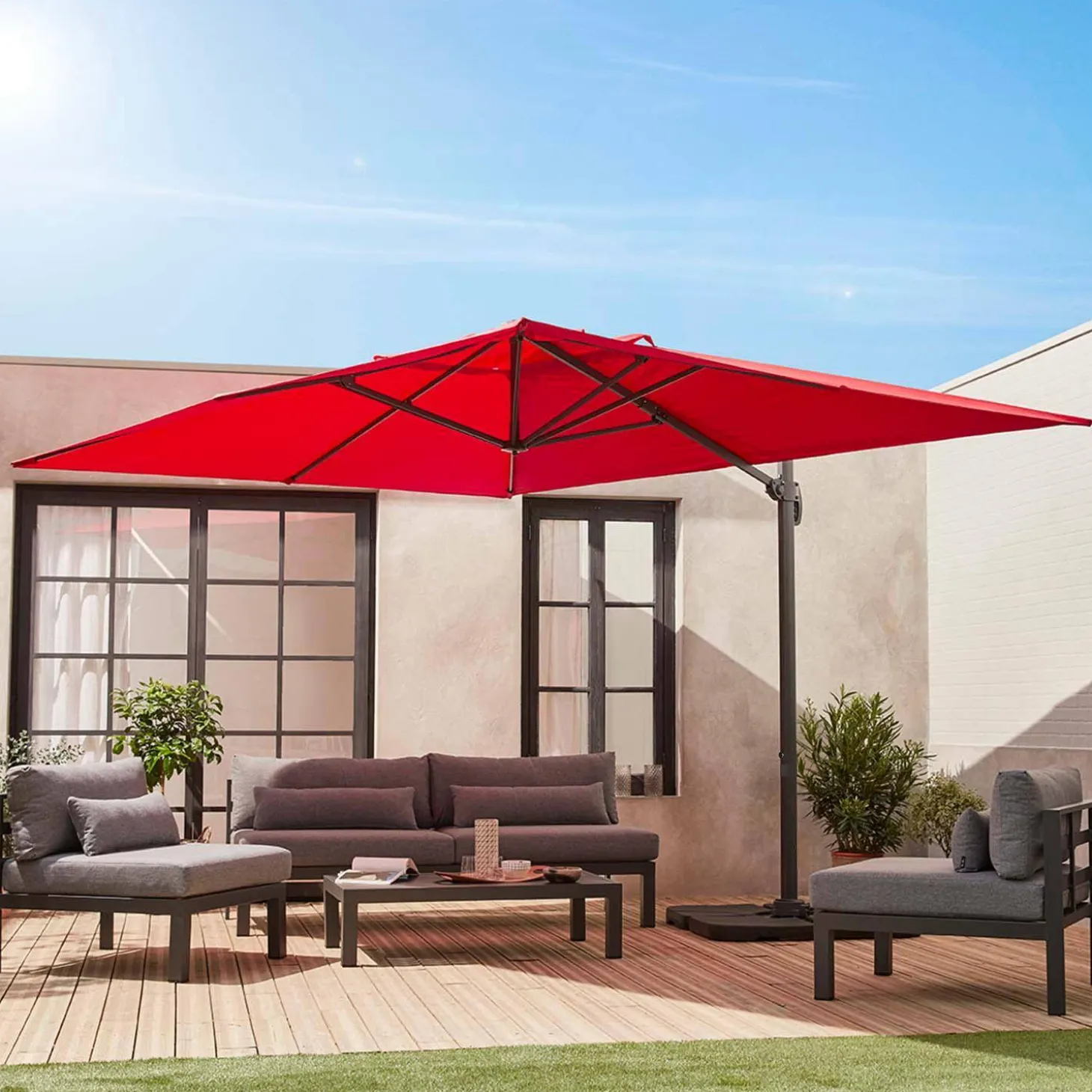 Guarda-sol retangular excêntrico, 3x4m + base com peso 50x50cm