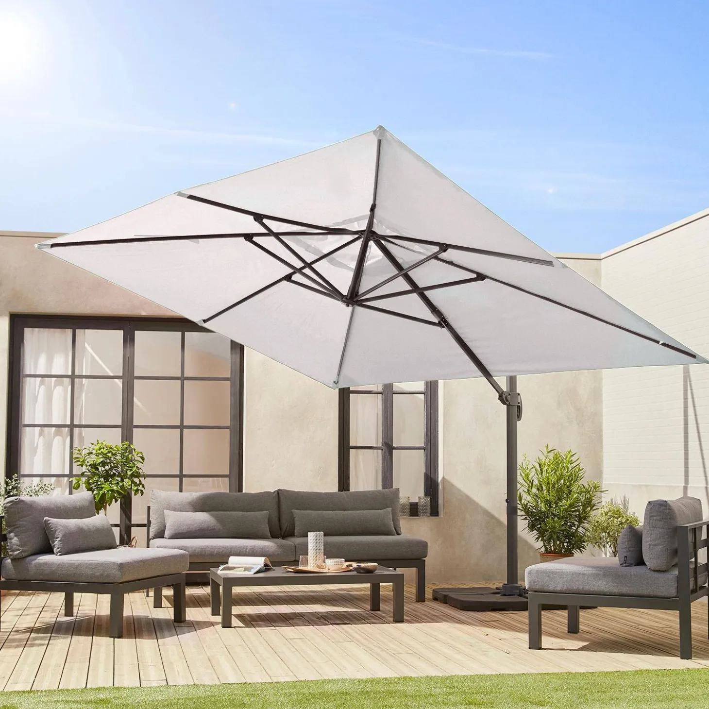 Guarda-sol retangular excêntrico, 3x4m + base com peso 50x50cm