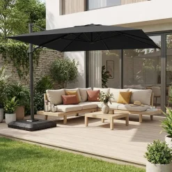 Guarda-sol retangular excêntrico, 3x4m + capa de proteção e placas de peso 98x98cm