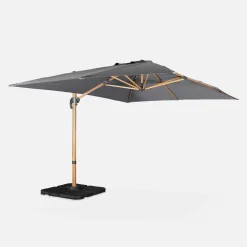 Guarda-sol retangular excêntrico com mastro efeito madeira, 3x4m + placas de peso 50x50cm