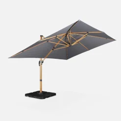 Guarda-sol retangular excêntrico com mastro efeito madeira, 3x4m + placas de peso 50x50cm