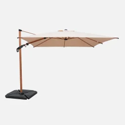 Guarda-sol retangular excêntrico com mastro efeito madeira, 3x4m + base com peso 50x50cm