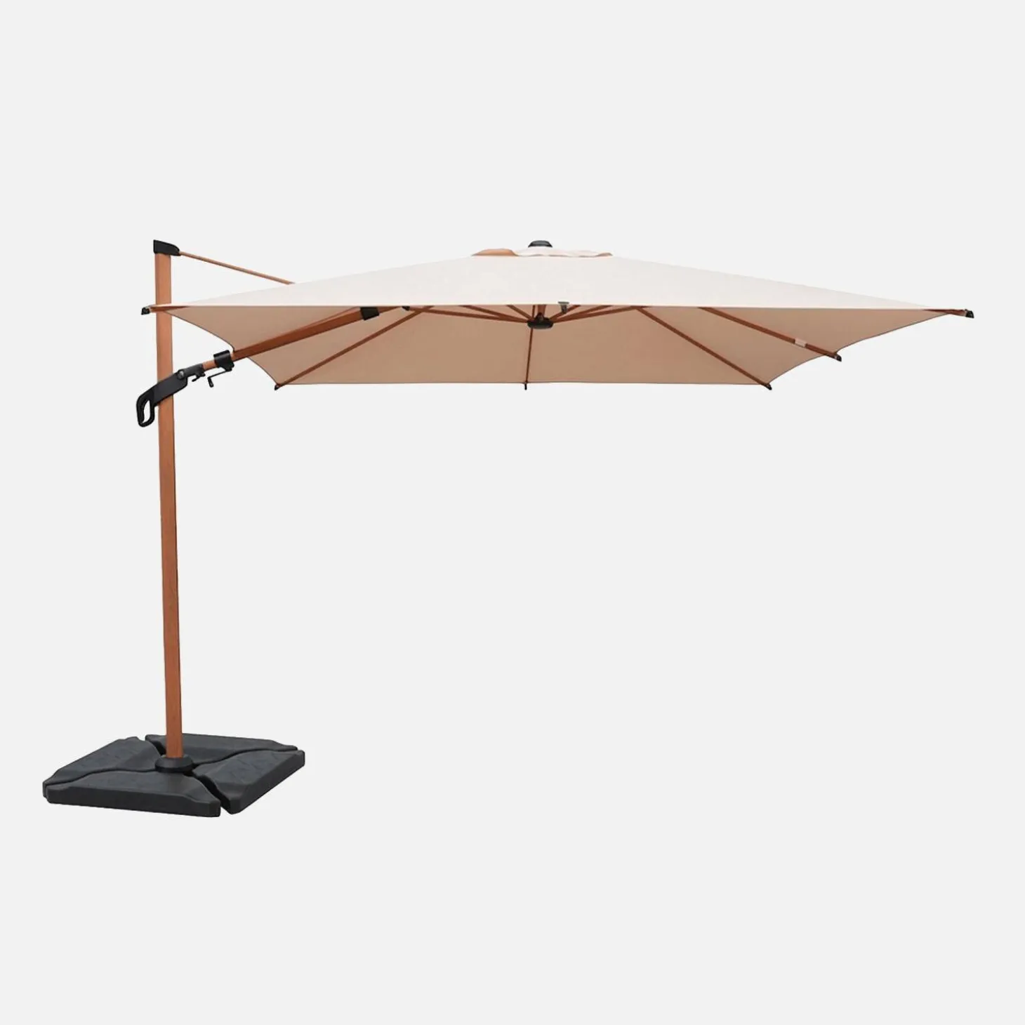 Guarda-sol retangular excêntrico com mastro efeito madeira, 3x4m + base com peso 50x50cm