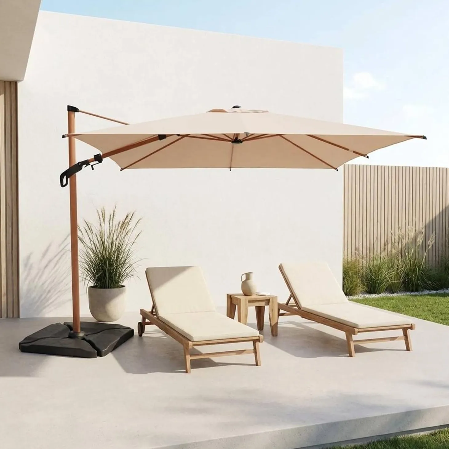 Guarda-sol retangular excêntrico com mastro efeito madeira, 3x4m + base com peso 50x50cm