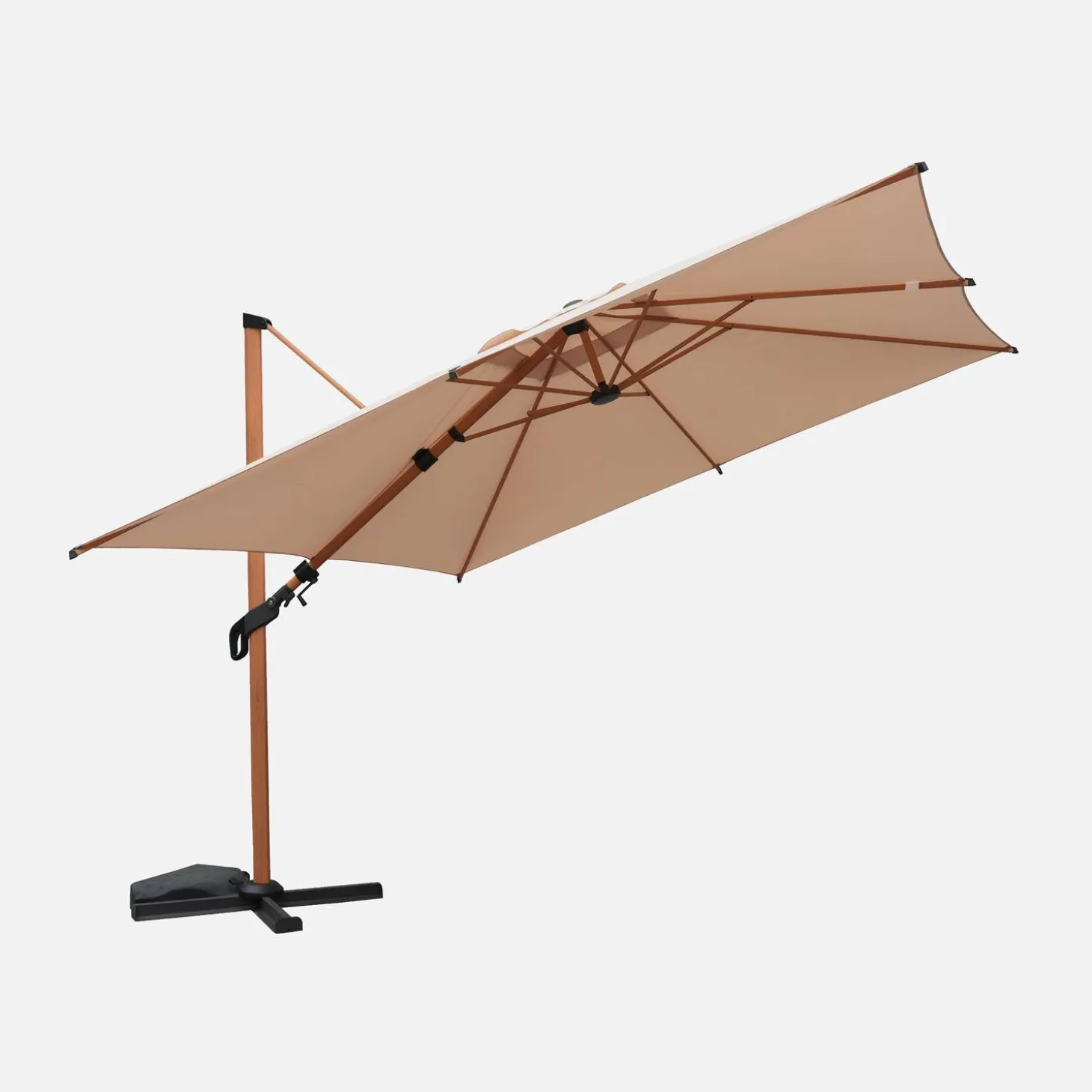Guarda-sol retangular excêntrico com mastro efeito madeira, 3x4m