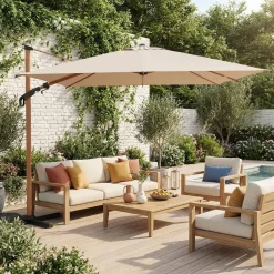 Guarda-sol retangular excêntrico com mastro efeito madeira, 3x4m