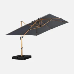 Guarda-sol retangular excêntrico com mastro efeito madeira, 3x4m + placas de peso 50x50cm