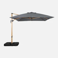 Guarda-sol retangular excêntrico com mastro efeito madeira, 3x4m + placas de peso 50x50cm