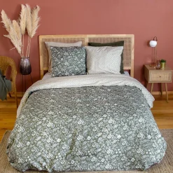 Jogo de cama de casal de algodão e lyocell com estampado floral verde