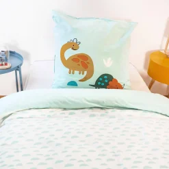 Jogo de cama em algodão reversível com estampado de dinossauros, 140cm