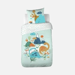 Jogo de cama em algodão reversível com estampado de dinossauros, 140cm