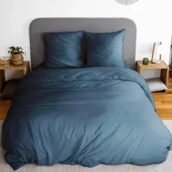 Jogo de cama em microfibra lavada azul meia-noite