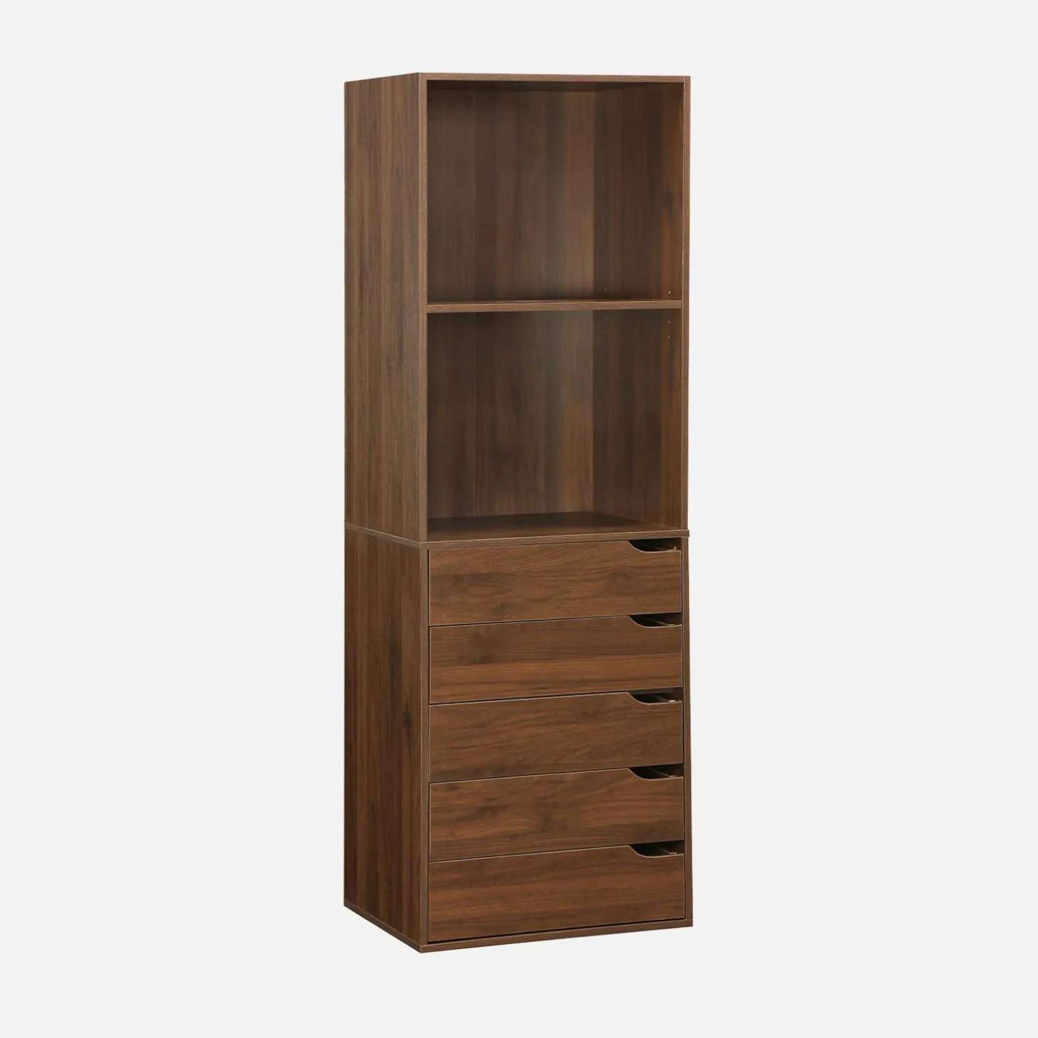 Módulo de closet com acabamento em madeira de 5 gavetas e 2 prateleiras