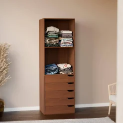 Módulo de closet com acabamento em madeira de 5 gavetas e 2 prateleiras
