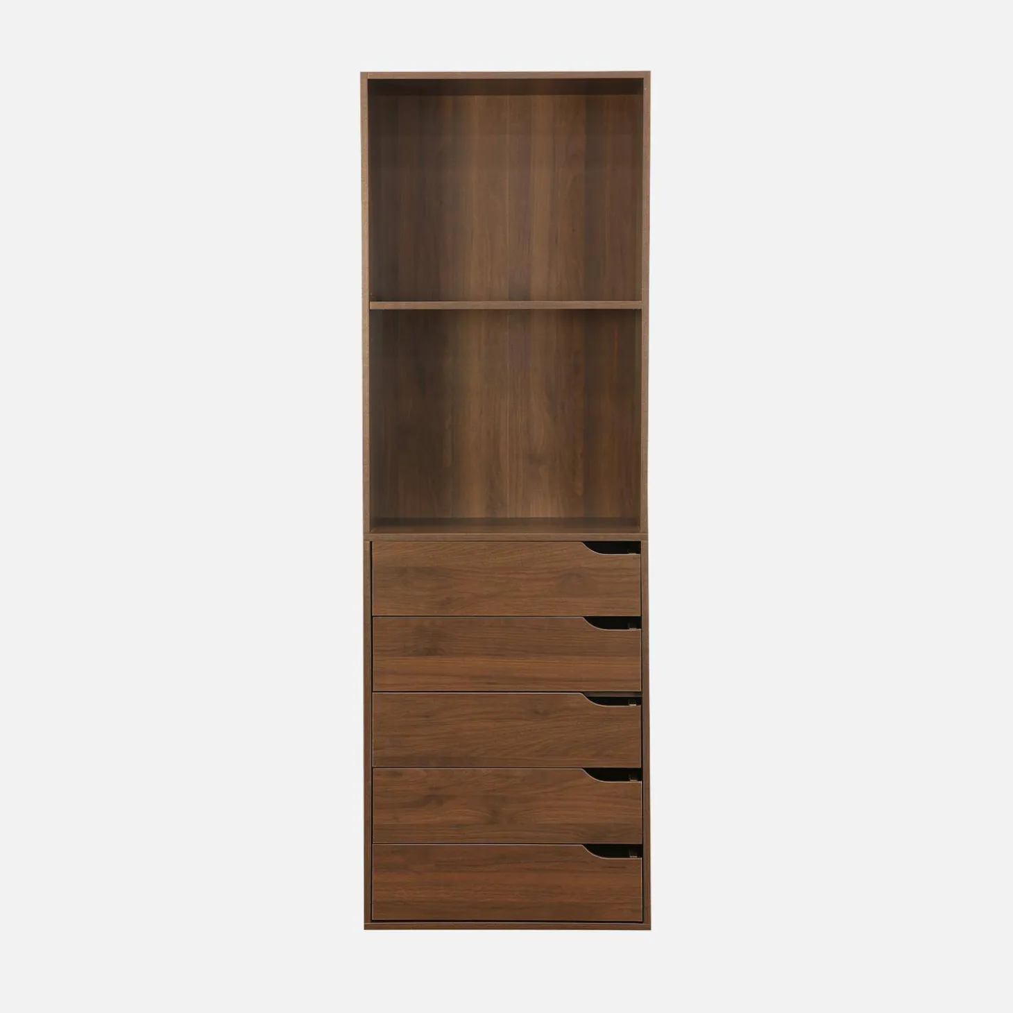 Módulo de closet com acabamento em madeira de 5 gavetas e 2 prateleiras