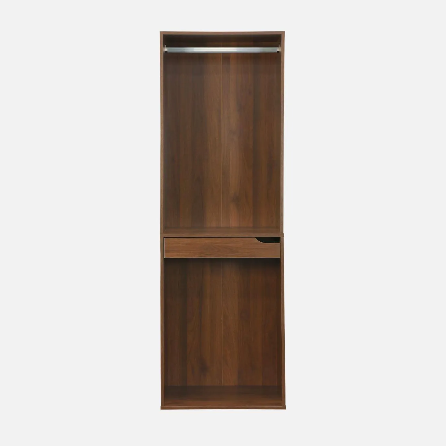 Módulo de closet com acabamento em madeira, varão e porta-calças