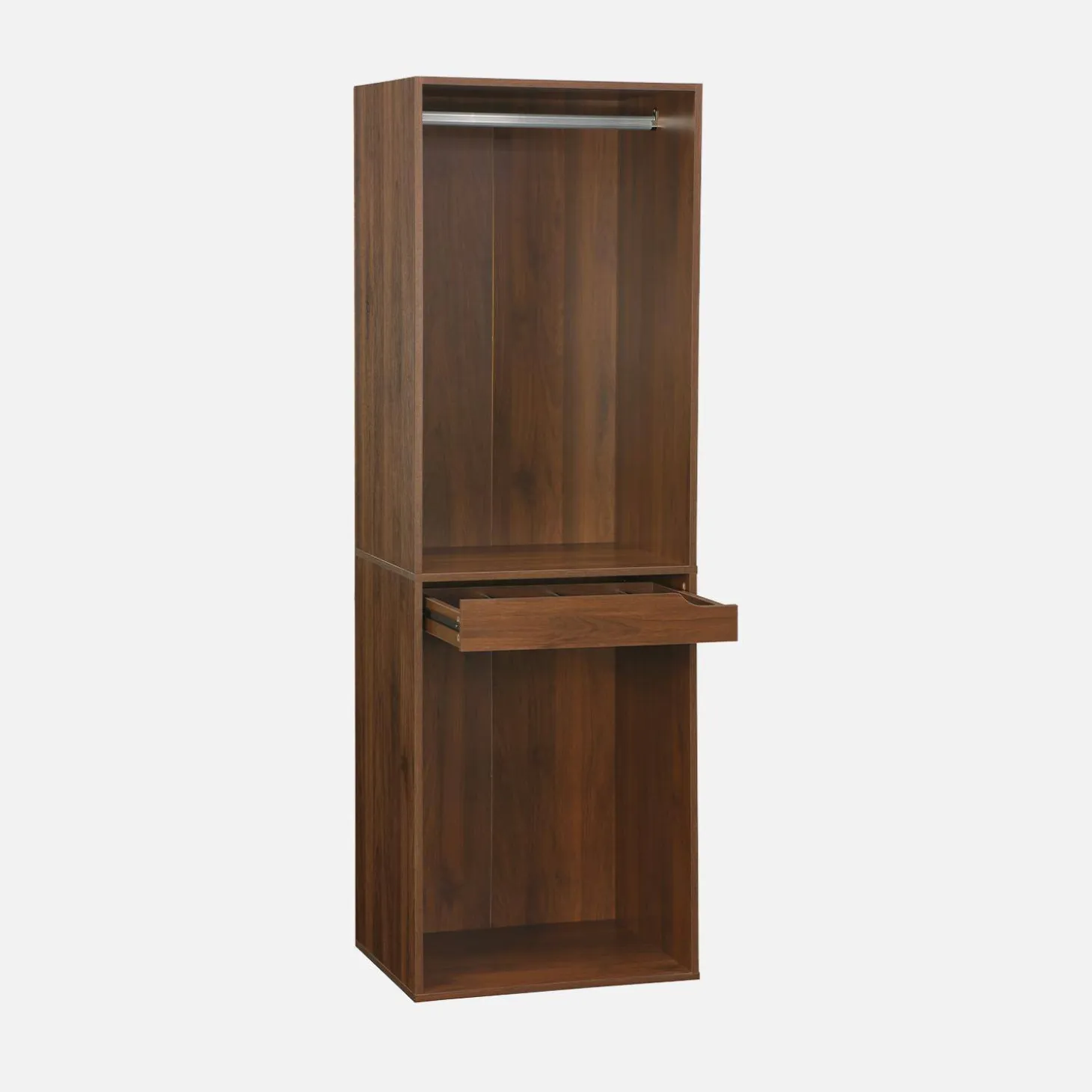 Módulo de closet com acabamento em madeira, varão e porta-calças
