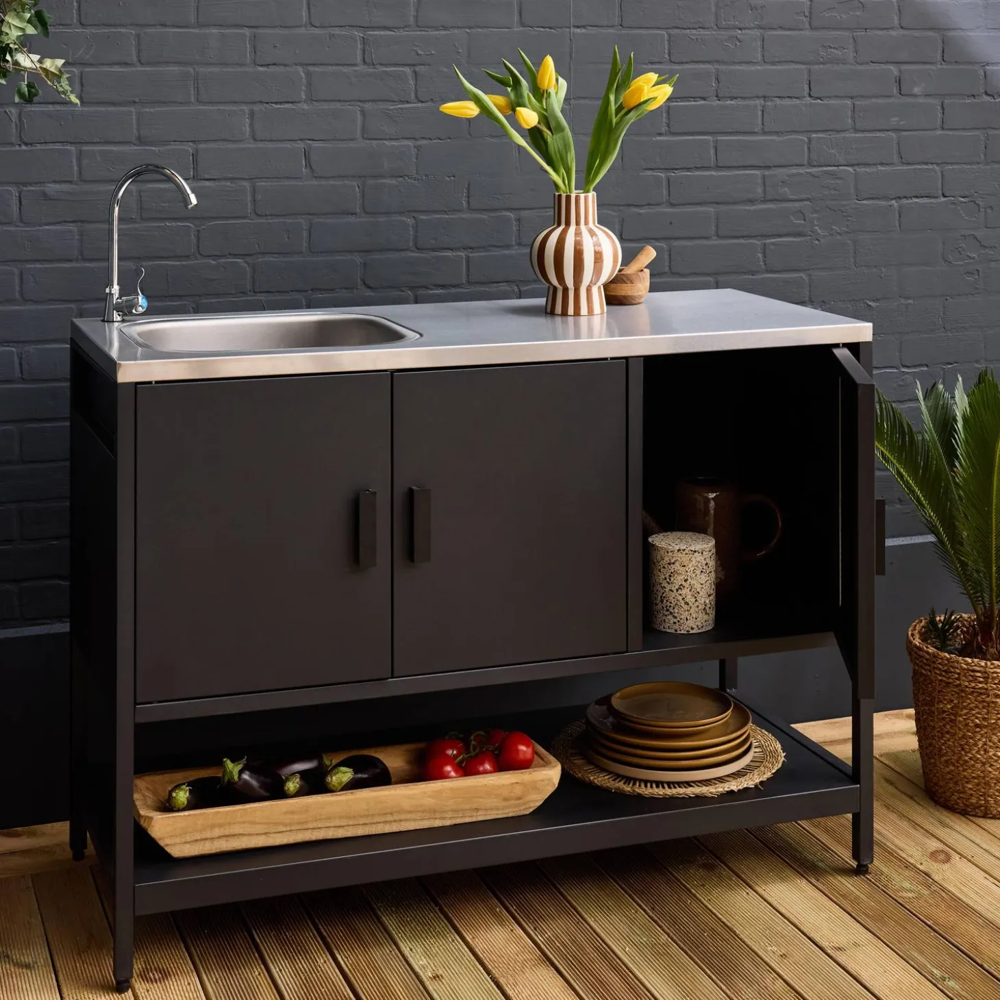 Módulo de cozinha exterior em aço com lava-loiças, L120cm