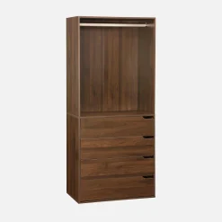 Módulo de guarda-roupa com acabamento em madeira com 4 gavetas e 1 cabideiro