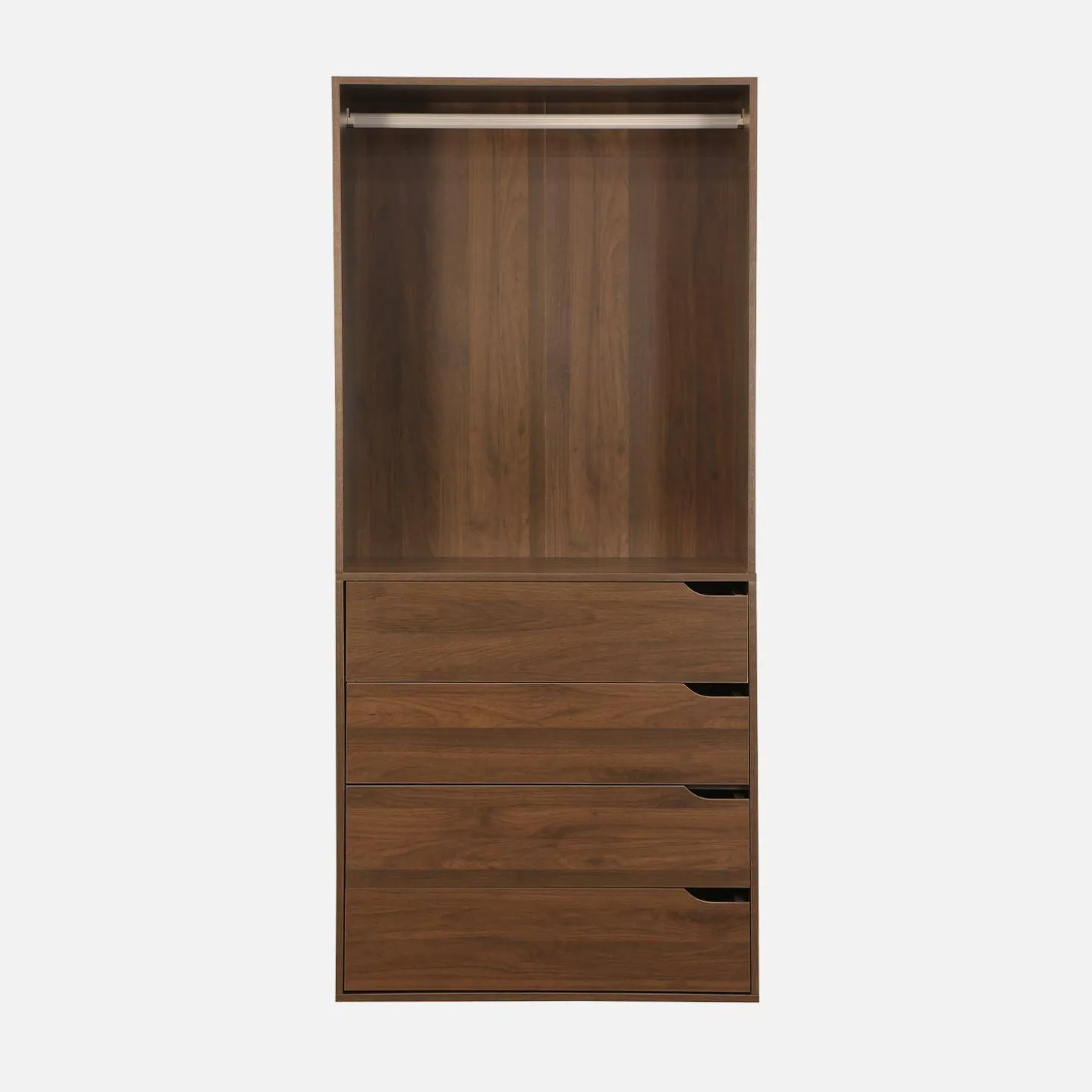Módulo de guarda-roupa com acabamento em madeira com 4 gavetas e 1 cabideiro