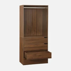 Módulo de guarda-roupa com acabamento em madeira com 4 gavetas e 1 cabideiro