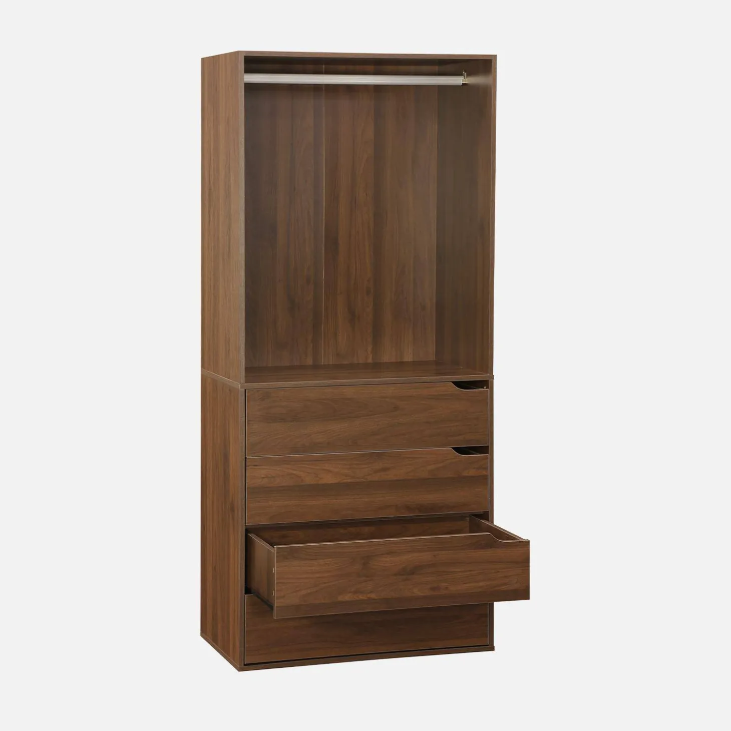 Módulo de guarda-roupa com acabamento em madeira com 4 gavetas e 1 cabideiro