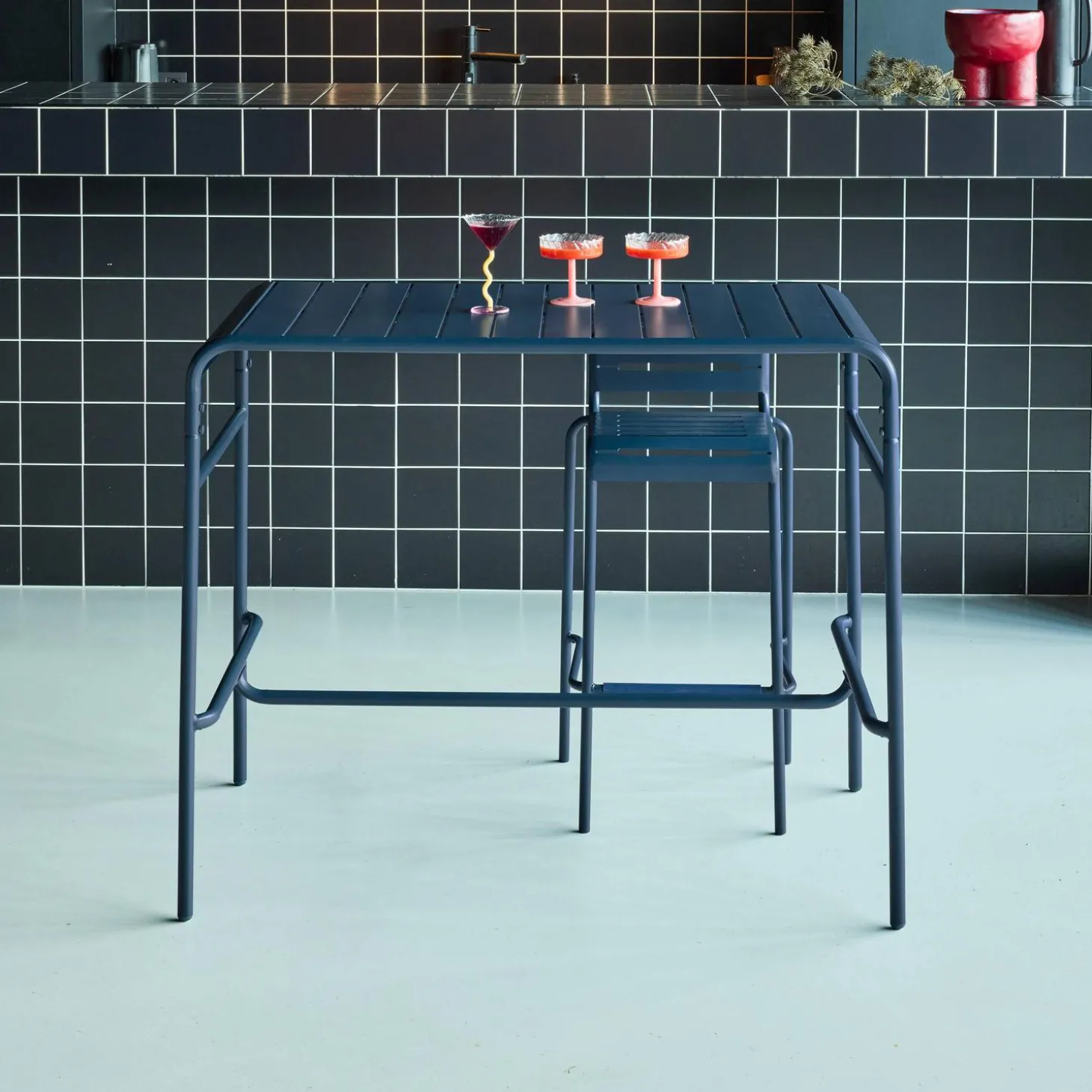 Mesa alta de jardim bistrô em aço, 4 lugares, 120cm