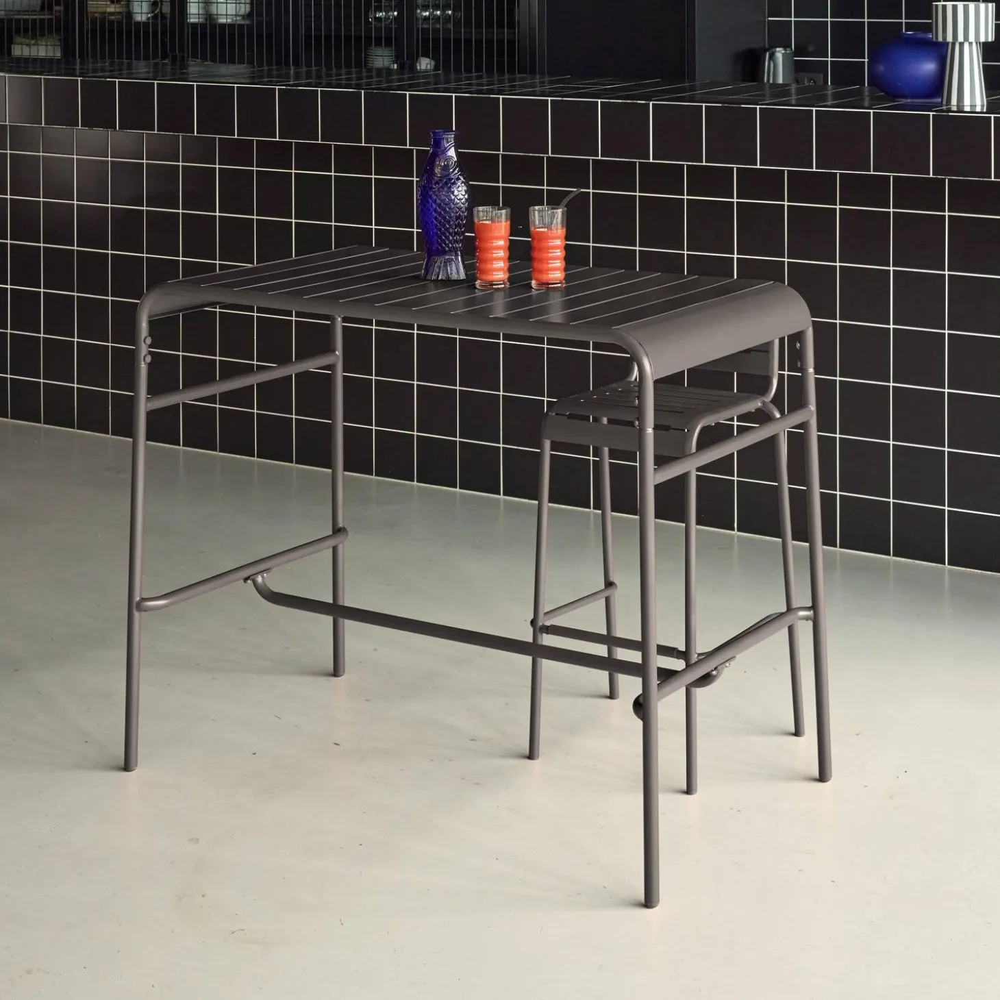 Mesa alta de jardim bistrô em aço, 4 lugares, 120cm