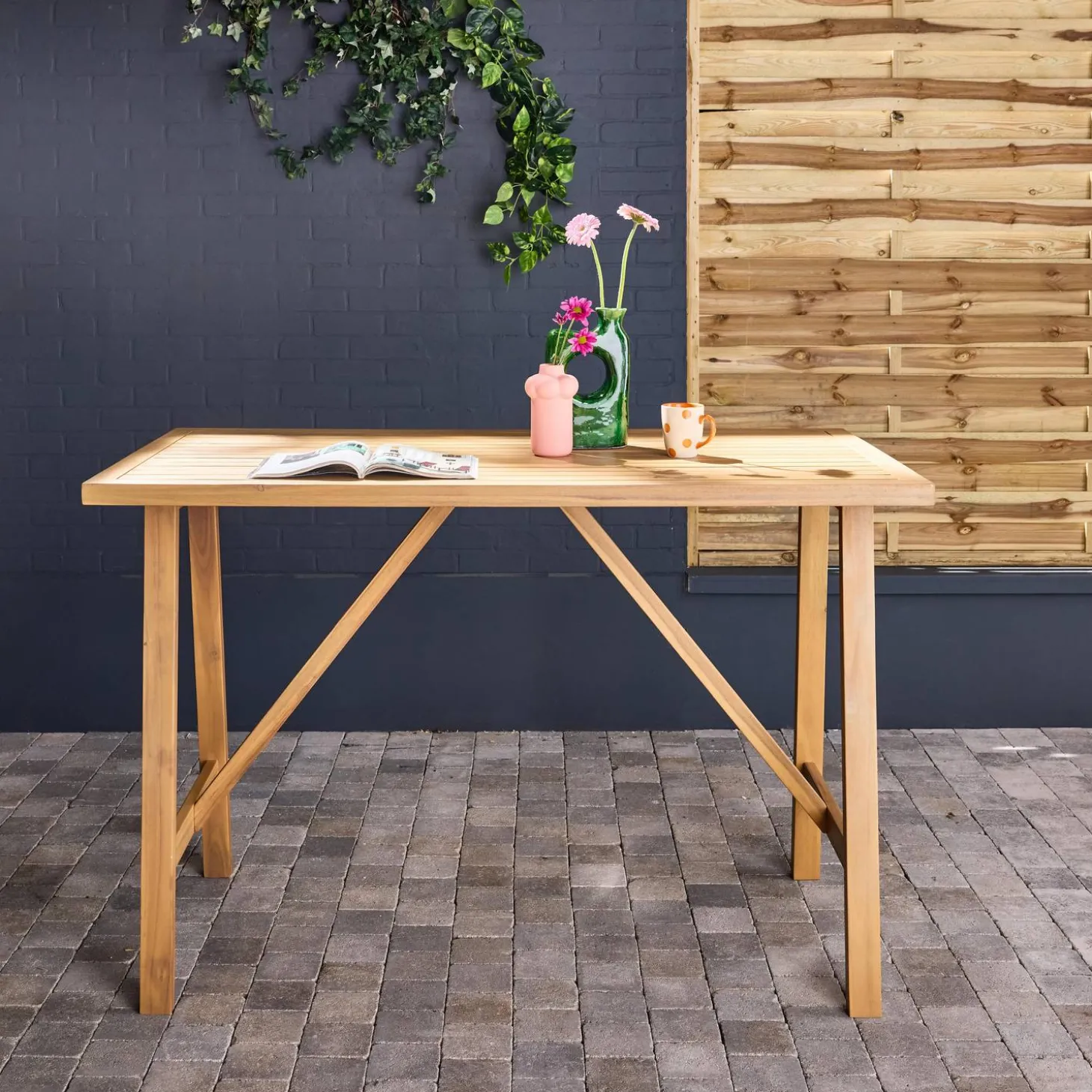 Mesa alta de jardim de madeira de acácia para 4 pessoas