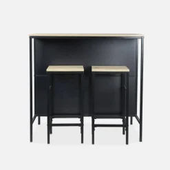 Mesa alta de madeira e metal, 2 prateleiras, 2 bancos