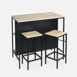 Mesa alta de madeira e metal, 2 prateleiras, 2 bancos