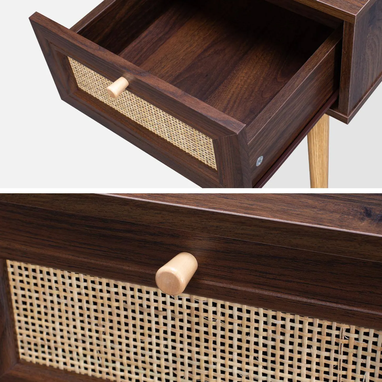 Mesa de cabeceira com efeito de madeira e cana, set de 2