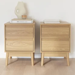 Mesa de cabeceira com efeito madeira, 2 gavetas, set de 2
