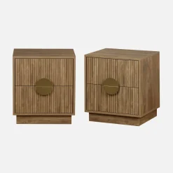 Mesa de cabeceira efeito madeira mel de 2 gavetas, conjunto de 2
