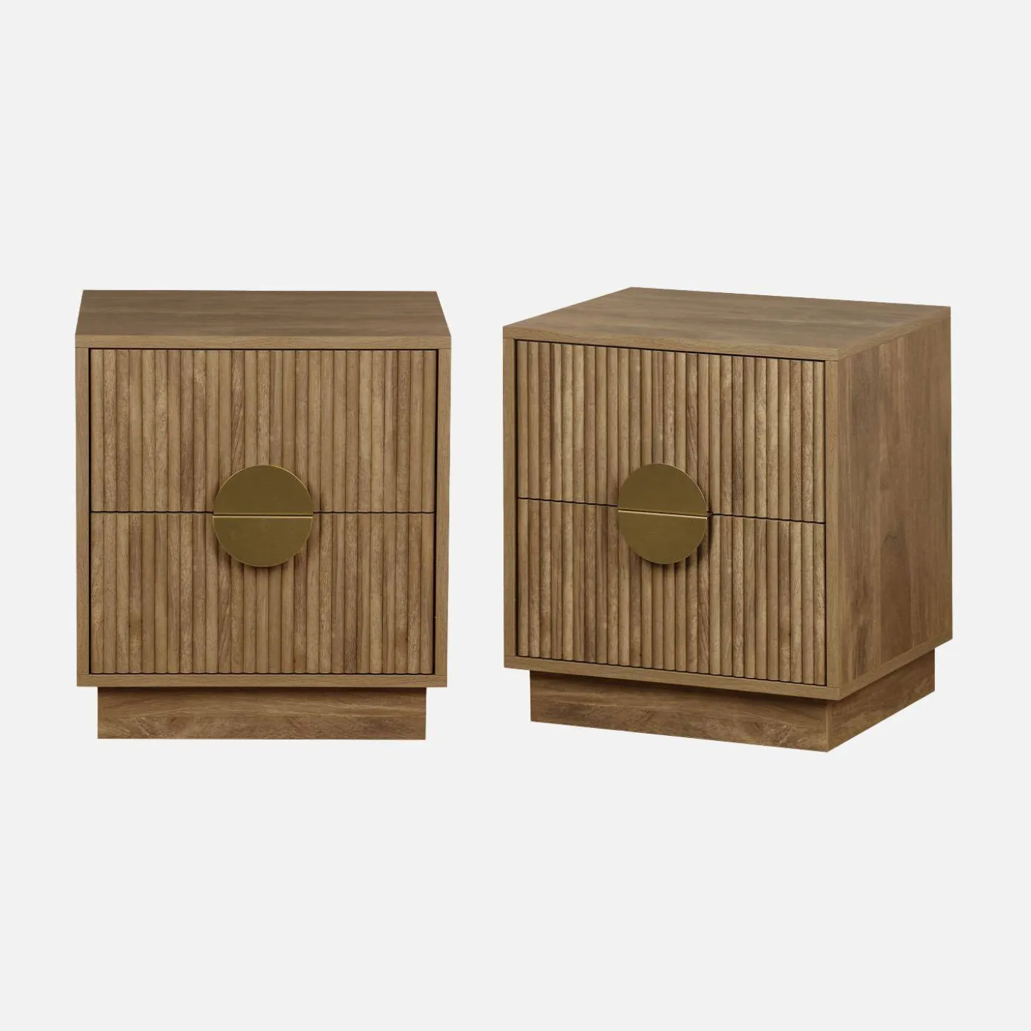 Mesa de cabeceira efeito madeira mel de 2 gavetas, conjunto de 2