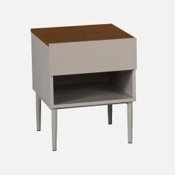Mesa de cabeceira em metal com acabamento em madeira