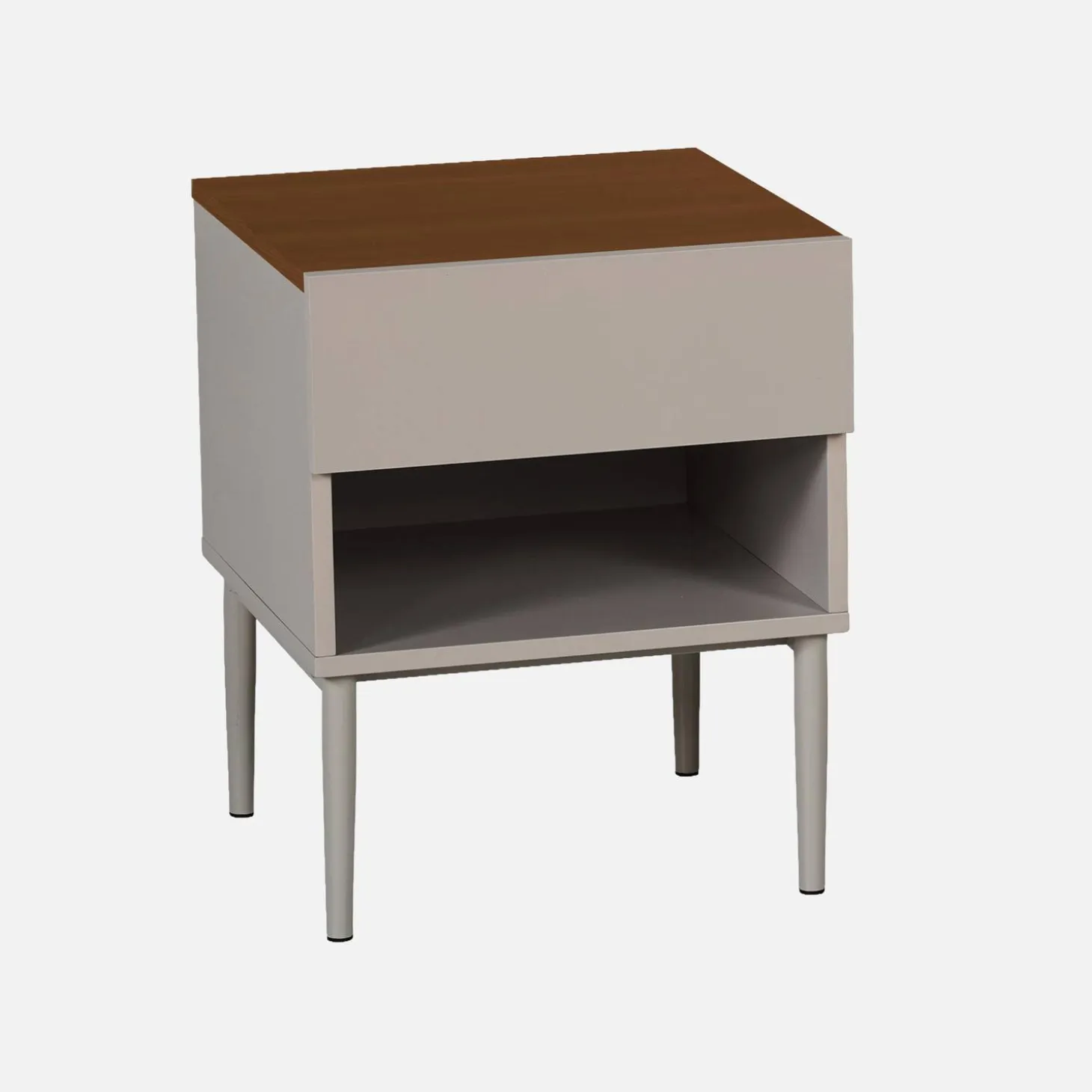 Mesa de cabeceira em metal com acabamento em madeira