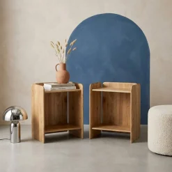 Mesa de cabeceira exótica em madeira de acácia com 2 tampos, set de 2