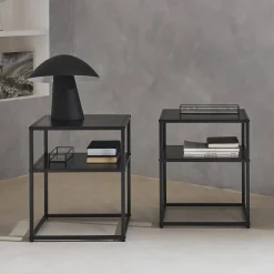 Mesa de cabeceira metálica com prateleira, set de 2