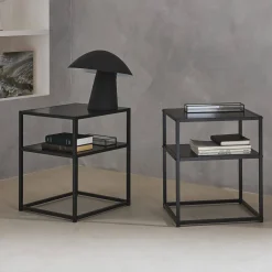 Mesa de cabeceira metálica com prateleira, set de 2