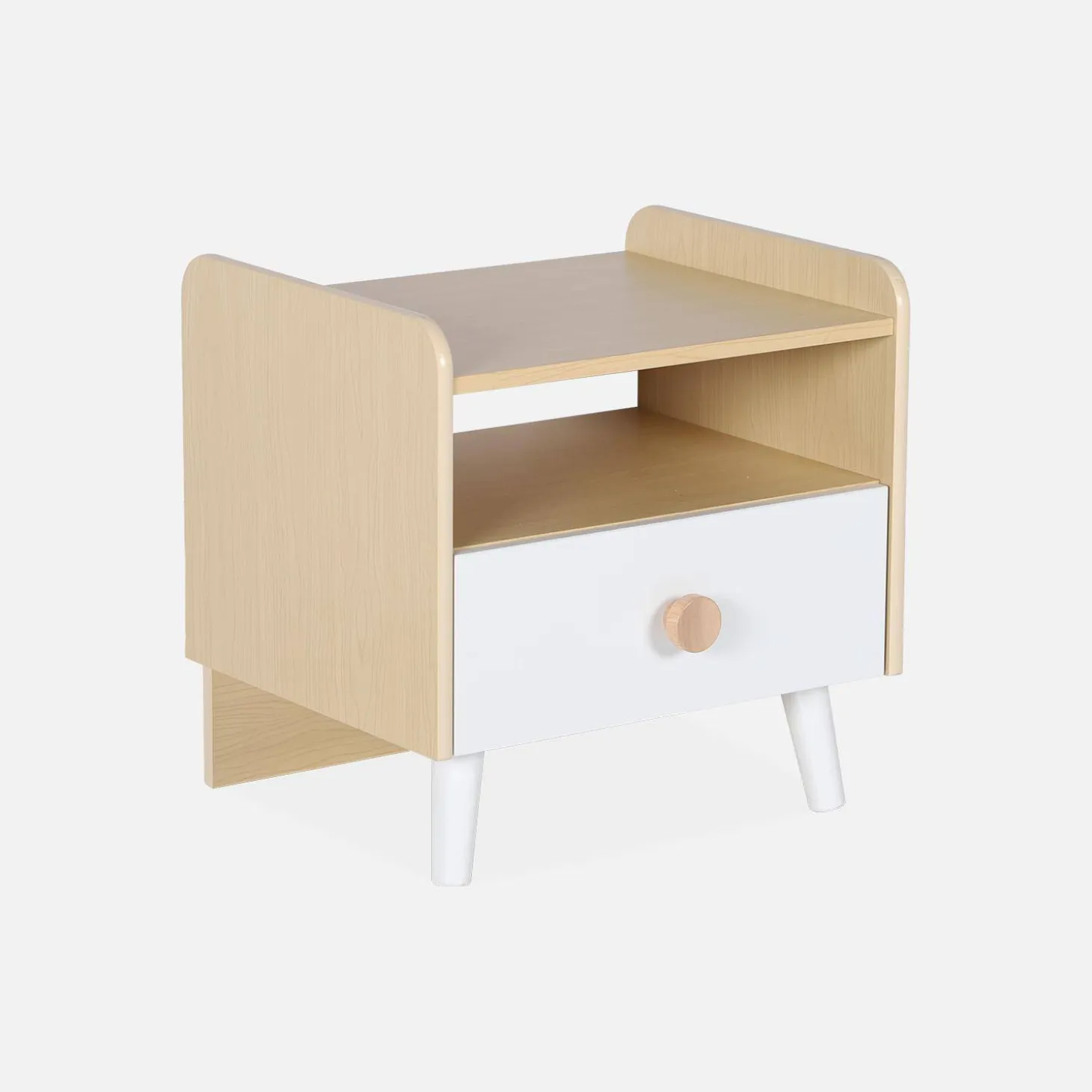 Mesa de cabeceira para crianças com efeito de madeira, branca