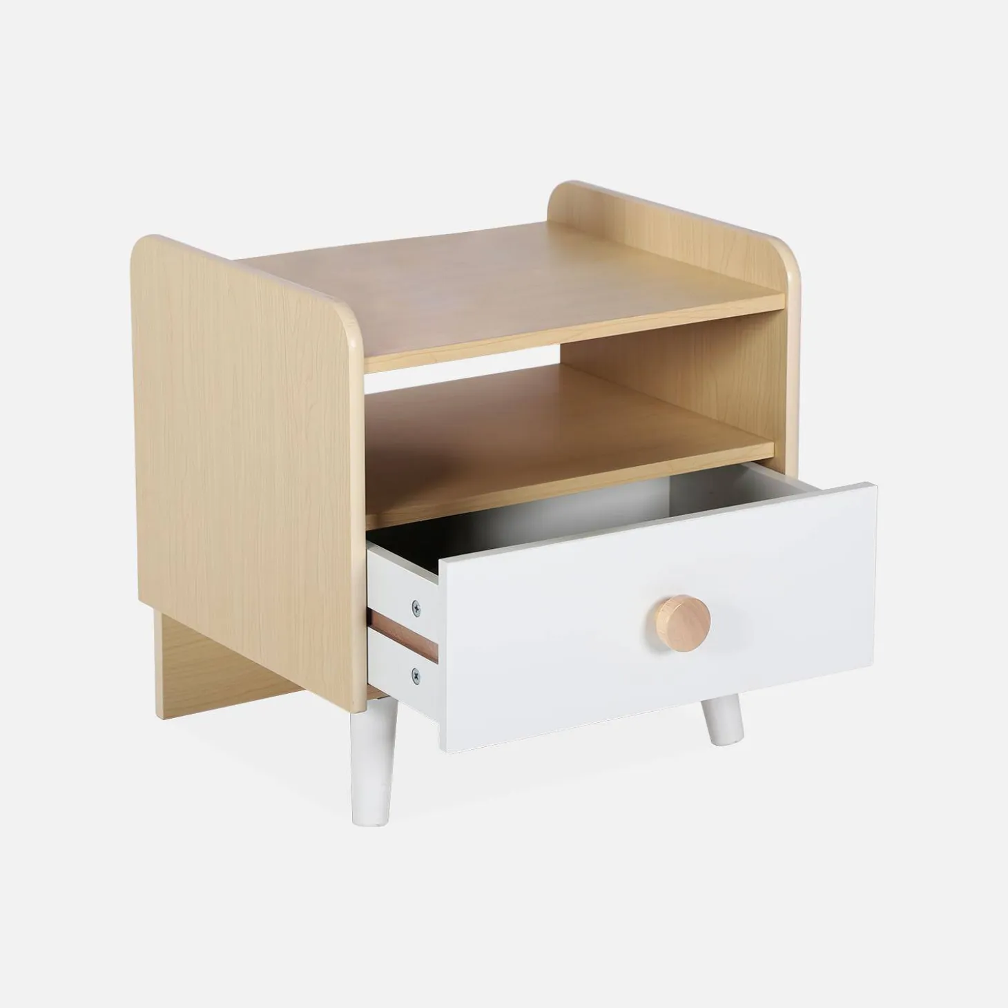 Mesa de cabeceira para crianças com efeito de madeira, branca