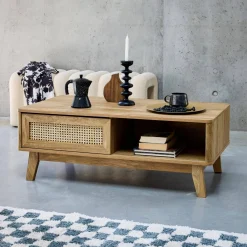 Mesa de centro com efeito madeira e cana, 2 nichos