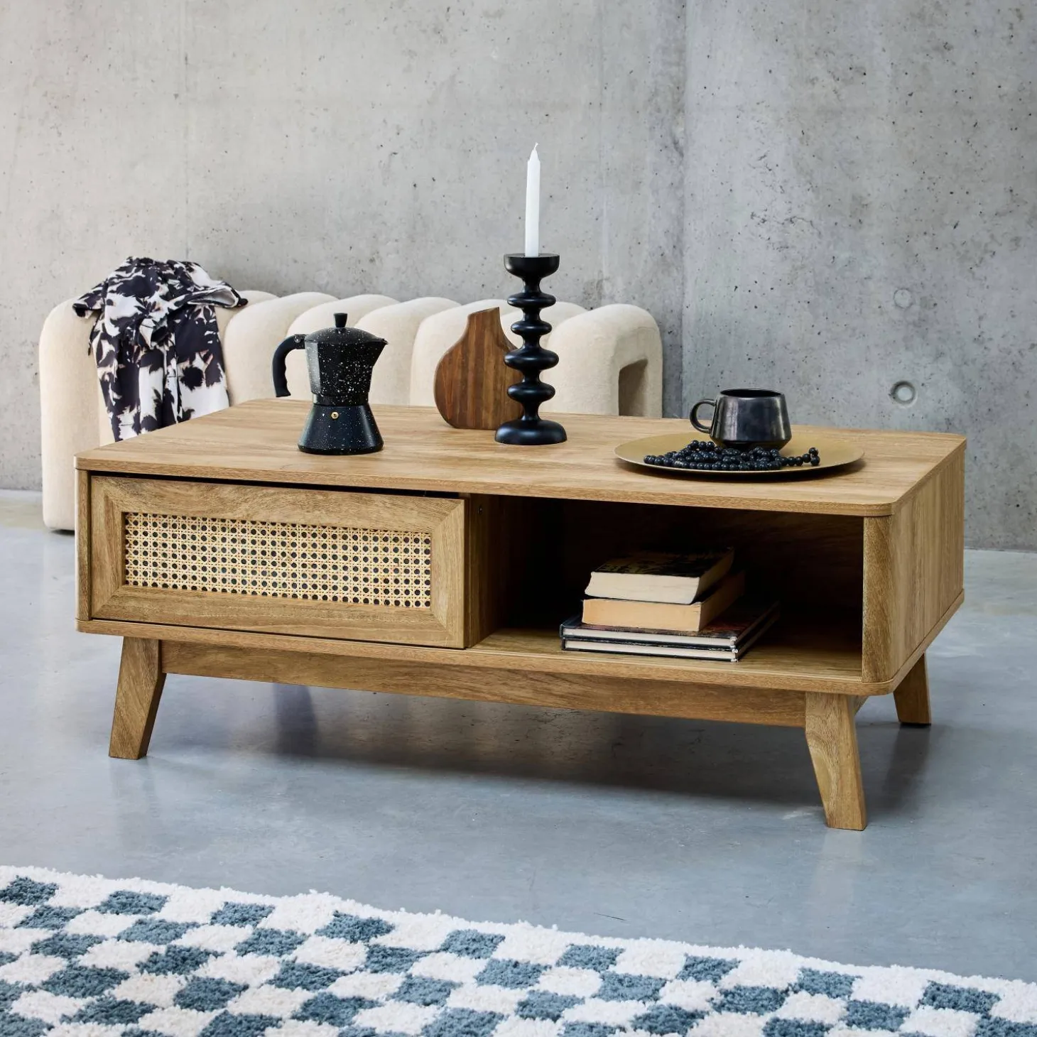 Mesa de centro com efeito madeira e cana, 2 nichos