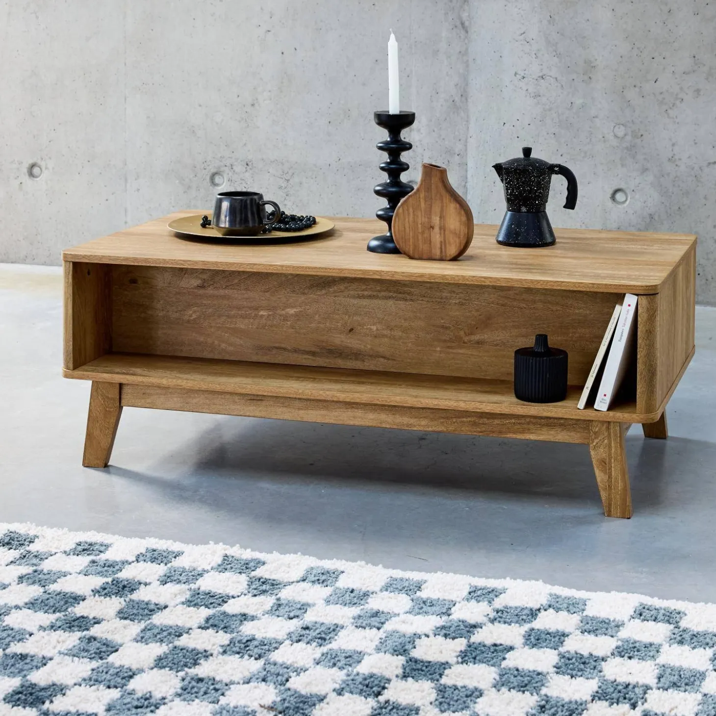 Mesa de centro com efeito madeira e cana, 2 nichos